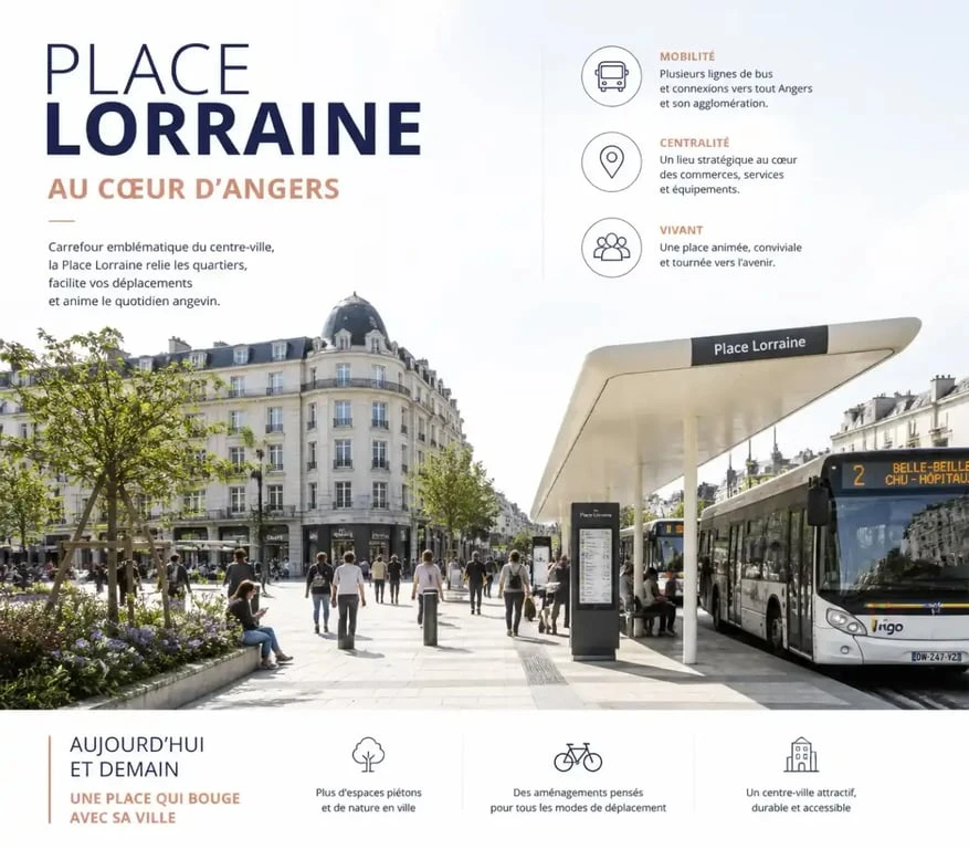 Vue de la Place Lorraine à Angers, un carrefour central pour les transports et la vie urbaine.