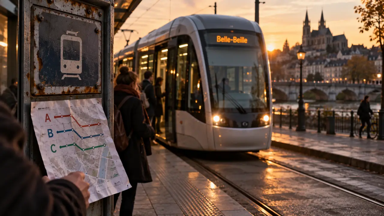 Trams Angers : tram au terminus, trois lignes Irigo